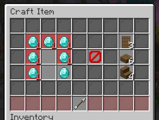 Firmament crafting overlay showing diamond placement guidance with red-highlighted slots and wood plank crafting outputs in a Minecraft crafting grid