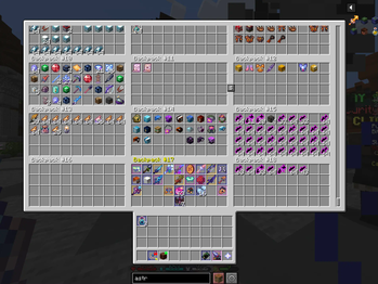 Firmament ender chest overlay showing Backpacks 11 through 17 with full item contents displayed in a grid layout for quick SkyBlock inventory management